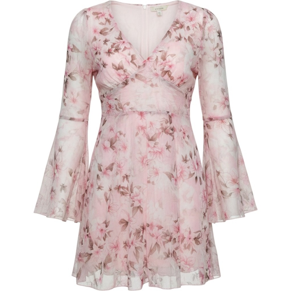 Floral Long Bell Sleeve Mini Dress Womens XL Pink Flowy Fairycore Sheer Lined